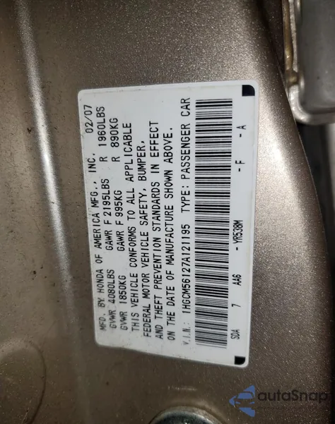 2007 Honda Accord Value z USA, uszkodzony, nr VIN 1HGCM56127A121195